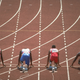 L-R: Lewis, Christie, Smith, and Johnson before the start of the 100 meter final. |Photo: Steve Powell/Allsport.